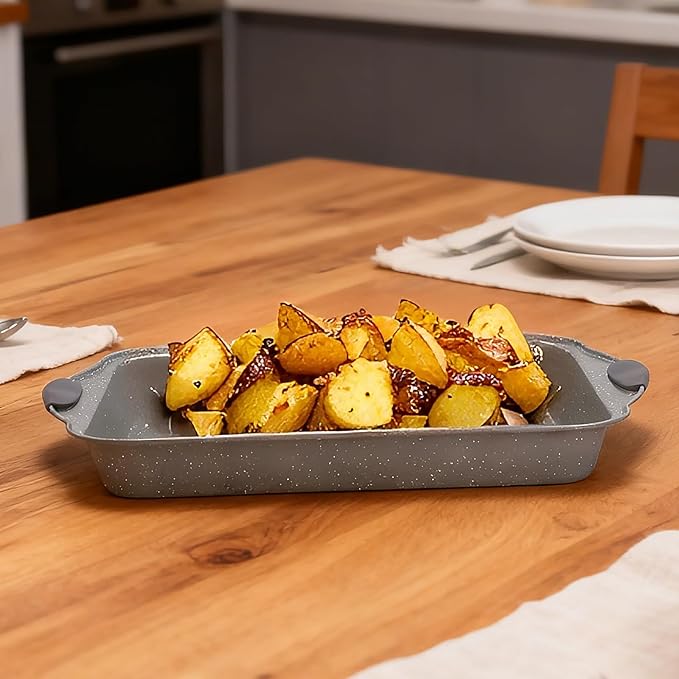Anveena 3-Piece Nonstick Kitchen Oven Baking Pans - Premium & Stylish Non-Stick Steel, Commercial Grade Restaurant Quality Metal Bakeware with Red Silicone Handles - Easy to Clean gray