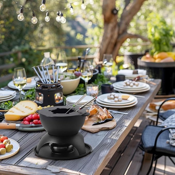 Artestia Cast Iron Fondue Pot for Chocolate, 5-Cup Cheese Fondue Pot with 6 Colored Forks for Fondue Party, 4-6 Person, Black