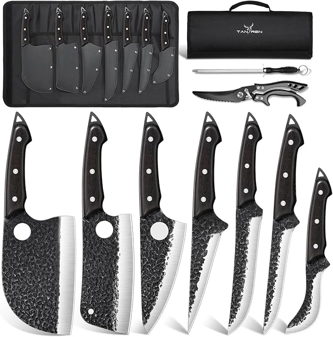 TAN REN 7PCS BBQ Knife Set, Professional Butcher Knives for Meat Cutting, Hand Forged Serbian Chef Knife, Viking, Boning, Skinning Knives & Poultry Shears, Idea Gift for Men Kitchen Outdoor Cooking