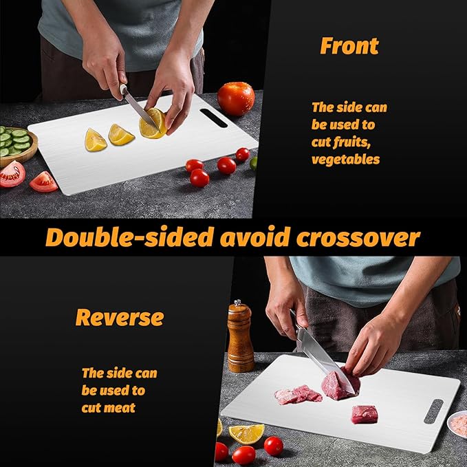 New Upgraded Titanium Cutting Board, Stainless Steel Cutting Boards For Kitche, Dishwasher Safe Double-sided Chopping Board with Peeler and Anti-slip Mat(18"L x 12"W)