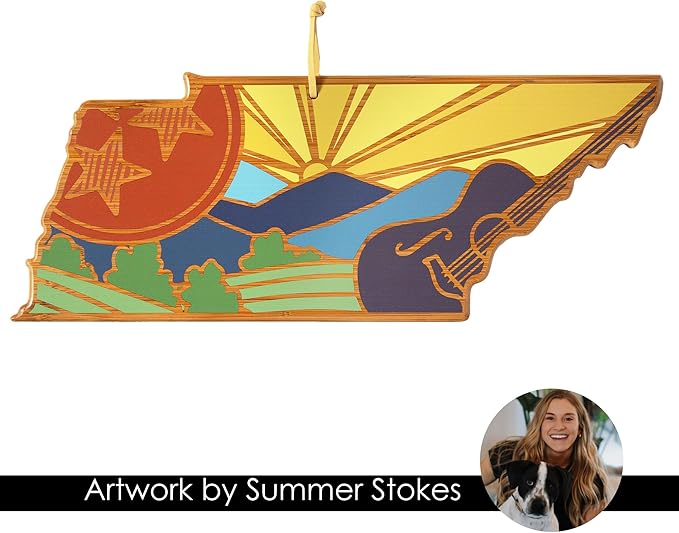 Totally Bamboo Tennessee State Shaped Cutting Board and Charcuterie Serving Platter with Artwork by Summer Stokes, Includes Hang Tie for Wall Display