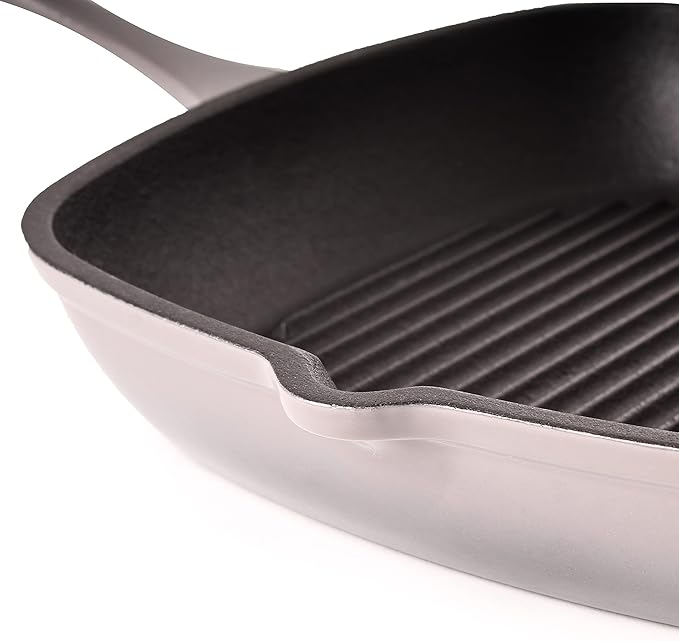 Berghoff Neo 2Pc Enameled Cast Iron Grill Set, Grill Pan 11 inches, Bacon/Steak Press 8 inches, Fast, Evenly Heat, Oven safe (Oyster)
