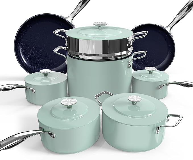 Nuwave Lux 13pc Forged Lightweight Cookware Set PFAS Free, Healthy G10 Duralon Ceramic Coating, Ultra Non-Stick, Stay-Cool Handles, Works on All Cooktops & Induction Ready