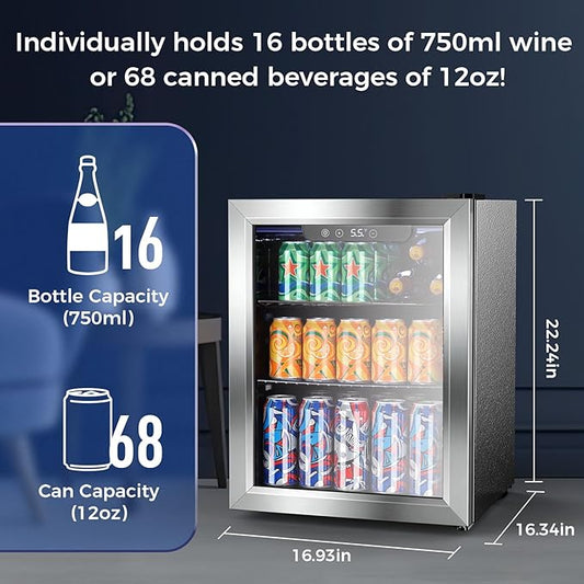 COWSAR 1.7 Cu Ft Beverage Refrigerator and Mini Fridge Cooler - 68 Can Capacity, Glass Door, Quiet Operation, LED Temperature Control, Holds 16 Wine Bottles for Bar, Home, Office