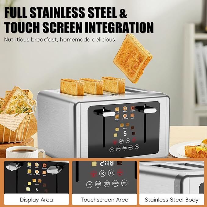 WUNLY Touch screen Toaster 4 slice,Stainless Steel Digital Timer Toasters with Sound/Screen-Off Function,6 Bread Types & Shade Settings,Smart 1.5 Wide Slots Toaster with Bagel,Defrost,Stainless Steel