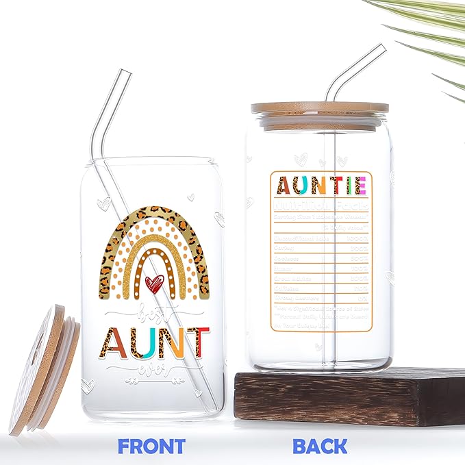 Aunt Gifts from Niece Nephew 16 Oz Coffee Glass Cup with Lid and Straw Aunty Glass Can Christmas Gift for Auntie New Aunts To Be Aunts Announcement Mothers Day Birthday