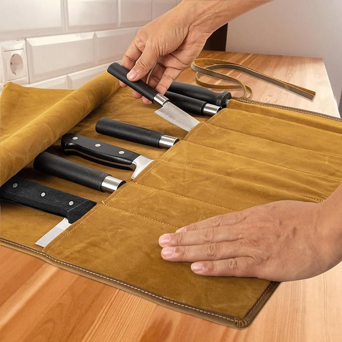 Baizoy Genuine Leather Knife Roll, Knife Bags for Chefs Professional, Small Chef'S Knife Case Holder, Knives Holders Protectors with 7 Slots, Portable Chef Knife Roll Chef Knife Bag