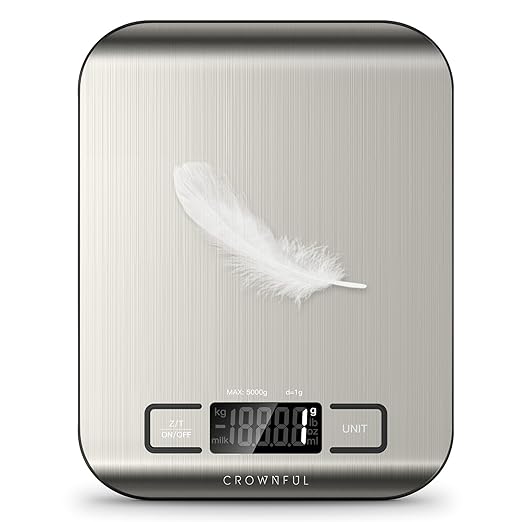 CROWNFUL Food Scale, 11 lb Digital Kitchen Scales with Built-in Coin Battery, Weight Ounces and Grams for Cooking and Baking, 6 Units with Tare Function, LCD Display, 304 Stainless Steel