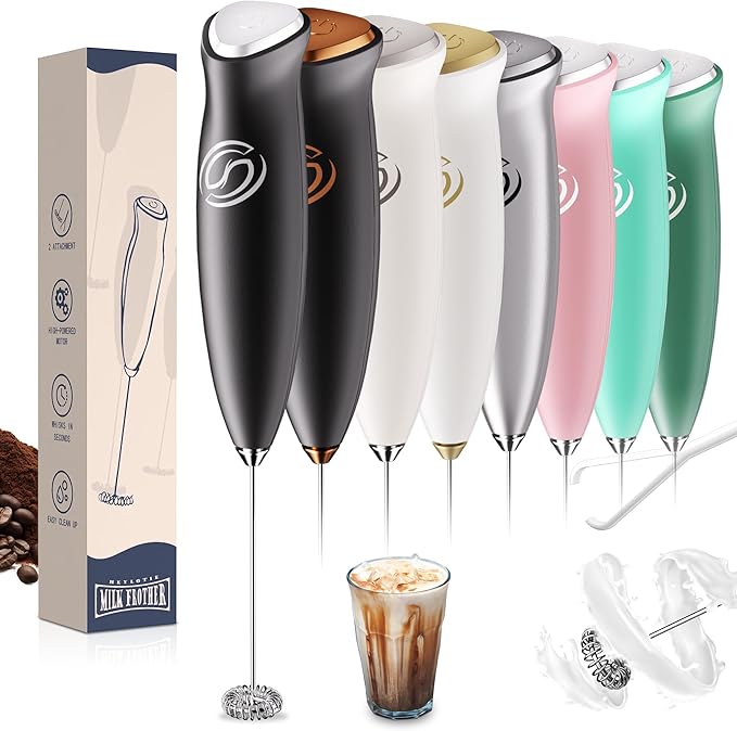HeyLotie Milk Frother Handheld Frother Wand Drink Mixer Handheld Coffee Stirrers Electric Frother for Coffee Mixer Wand with 2 Whisk frother for protein powder coffee frother handheld -Black