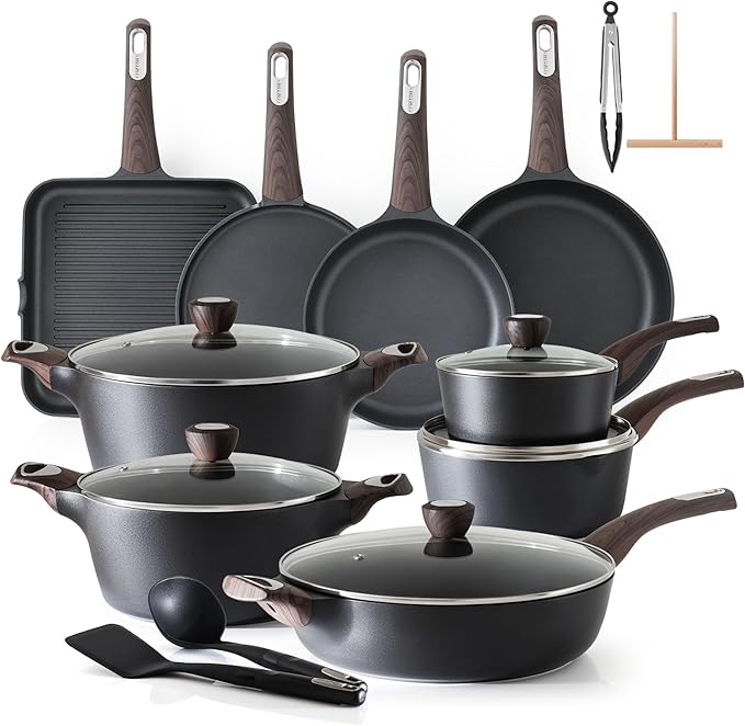 SENSARTE Pots and Pans Set Non stick, Non toxic Healthy Induction Cookware Sets, 26 Pcs Nonstick Kitchen Cooking Set, w/Frying Pans Set, Saucepans Set, Stockpots Set, PFOA PFOS Free, Black