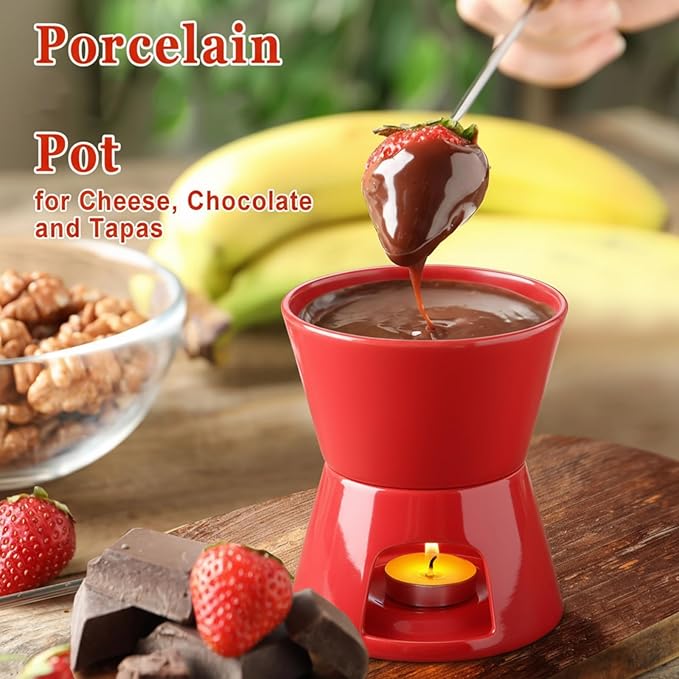 Nuogo 4 Pcs Fondue Pot Set Ceramic Mini Chocolate Fondue Mug Set Melting Bowl with 16 Pcs Mini Forks for Cheese, Chocolate, Tapas, Butter and Caramel, Valentine's Day(Red)