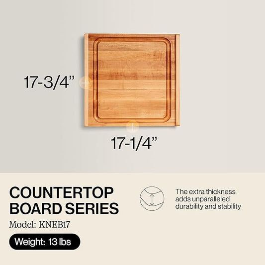John Boos Countertop Series Rectangular Wooden Maple Cutting Board 17.75”x17.25” – 1.25” Thick, 13-lb Reversible Butcher Block with Juice Groove, Counter Lip & Edge-Grain – Made in the USA
