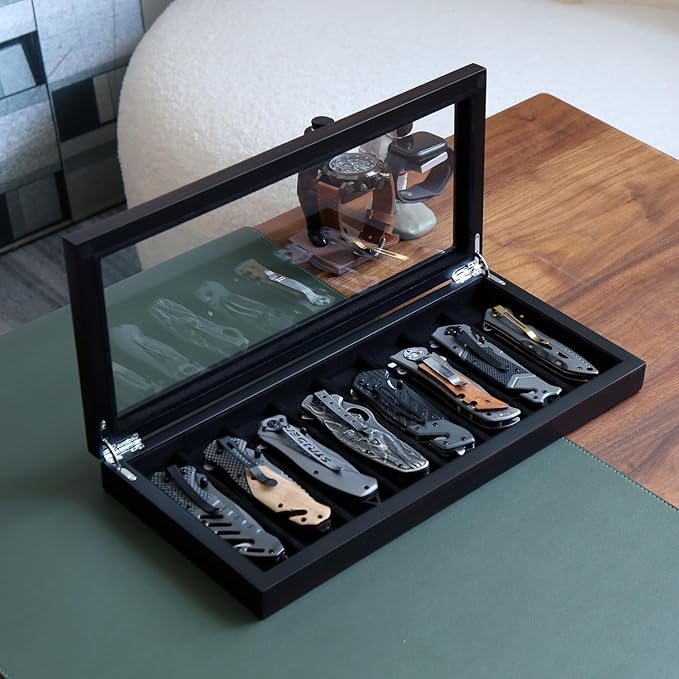 Bonaking Knife Display Case for 8 Pocket Knives - Pocket Knife Case Storage Box for Men's Gift - Knife Cases for Collections with Ebony Finish and Glass Window Top