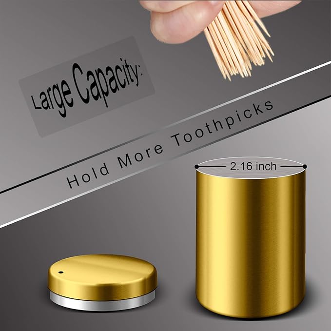 Stainless Steel Toothpick Holder Dispenser Quality Home Tooth Picks Lot Container with 500 Pieces Bamboo Toothpicks for Teeth and Appetizer (Golden)