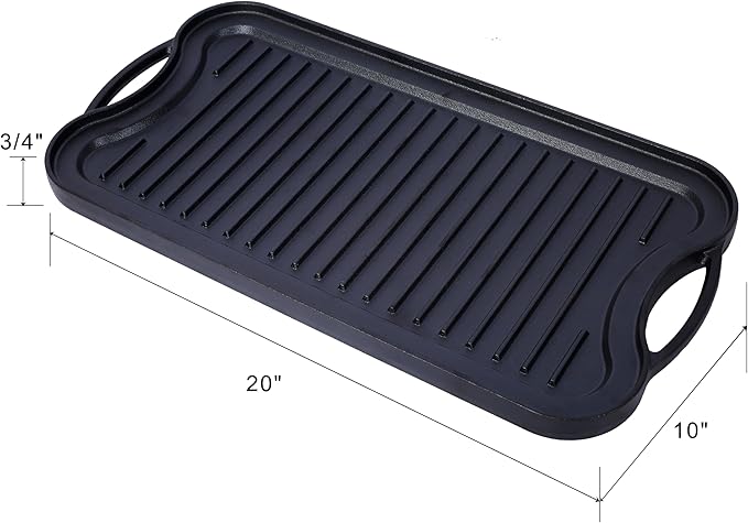 Pre-Seasoned Cast Iron Reversible Grill/Griddle – 20" x 10" Rectangular Dual-Sided Cookware for Stovetop, Oven, Grill & Campfire – Heavy Duty Iron with Ergonomic Handles, Oven Safe up to 500°F