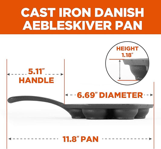 Commercial CHEF Danish Aebleskiver Pan, Pre-Seasoned Cast Iron, Seven Sections For Mini Puffs and Pancake Balls, Works on All Cooktops Including Induction, Outdoor Cookware for Grills, CHCI4105