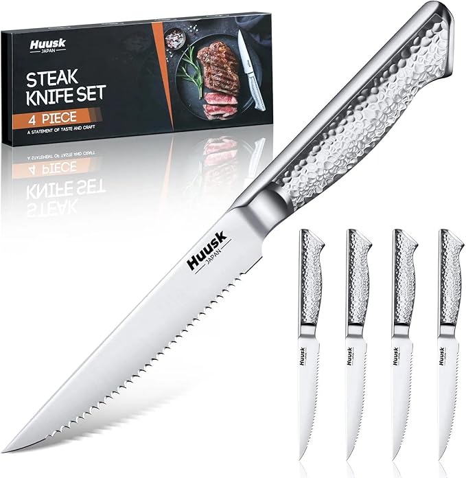 Huusk Japanese Steak Knives Set of 4-4.5" Serrated Steak Knife Set Dishwasher Safe, Stainless Steel Steaks Knives, One-Piece Structure with Anti-slip Handle, Christmas Gifts for Men Women