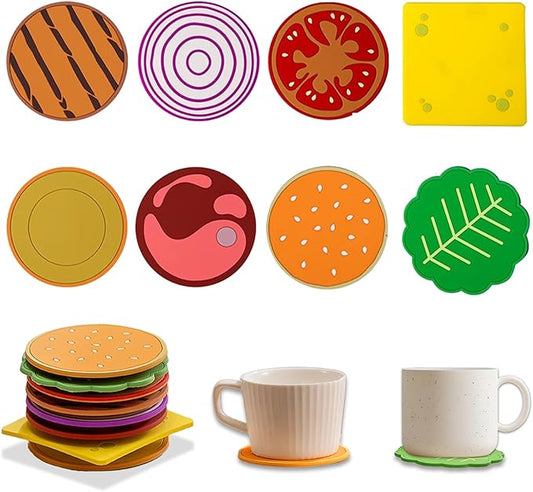 Coasters Set of 8 Cute Hamburger Cup Coasters for Drink, PVC Scratch-Resistant Non Slip Hot Cold Table Drinks Coasters for Beverage Drink Beer Wine Glass Coffee Tea