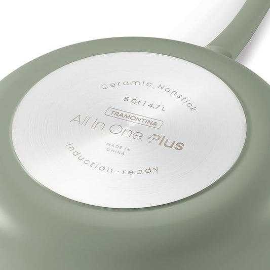 Tramontina Vue All-in-One Plus Pan Set, 5-Quart Ceramic Non Stick Cooking Pan with Glass Lid, Steamer Insert, Beechwood Utensils, Splatter Screen, Pot Holder, Green