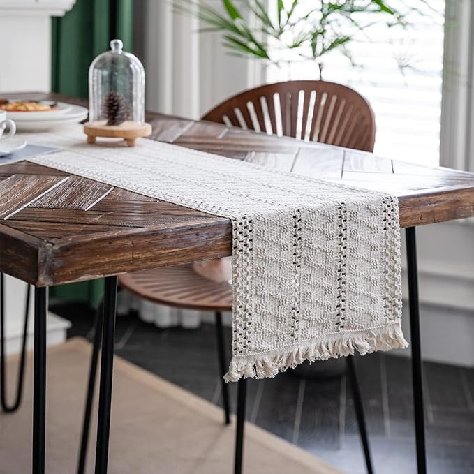 Alynsehom Macrame Table Runner Cream Beige Boho Table Runners with Tassels Hand Woven Cotton Table Runner Rustic Farmhouse Table Runners for Bohemian Kitchen Dining Table(12x48in)