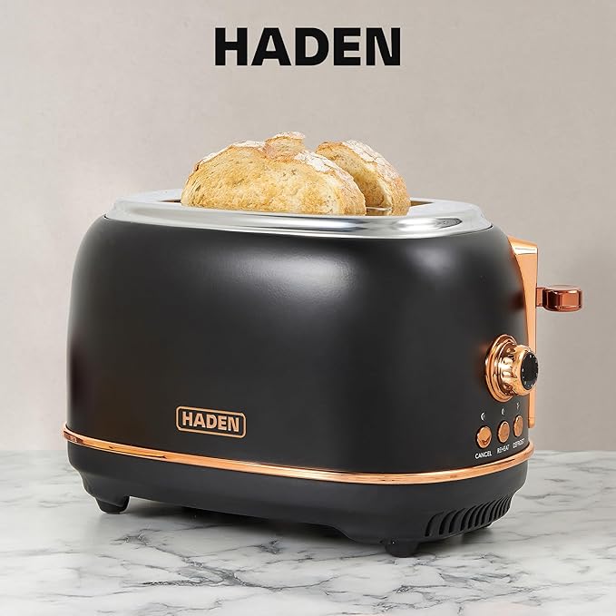 Haden Heritage 2 Slice Wide Slot Stainless Steel Toaster with Adjustable Browning Control & Non-Slip Feet, Black & Copper