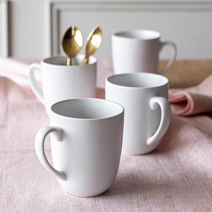 over&back Coupe Stoneware Coffee Mugs - 4-Piece Mug Set - Enjoy the Perfect Cup of Coffee, Tea, Latte, and More - Semi-Matte White - 15 Oz