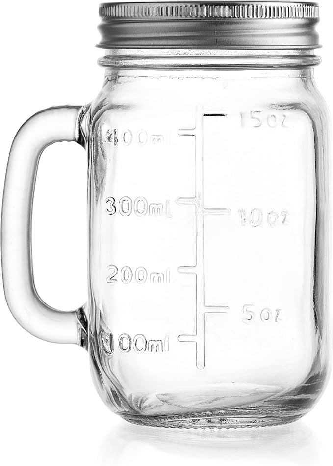 Glaver's Mason Jar 16 Oz. Glass Mugs with Handle and Lid Set Of 6 Old Fashioned Drinking Glass Bottles Original Mason Jar Pint Sized Cup Set.