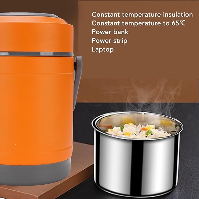 AYNEFY Electric Lunch Box,2L Stainless Steel Portable Electric Food Warmer Bucket Thermal Heat Preservation Pot Thermal Lunch Container for Travel Dorm Office Work (Orange)