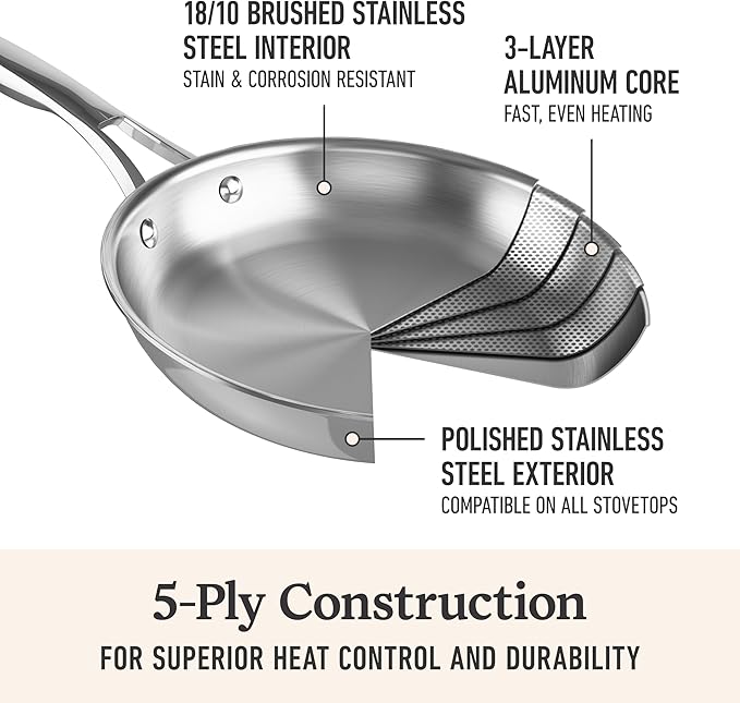 Calphalon Premier Polished 5-Ply Stainless Steel Cookware Set w/Turbo Heat Tech 12 Piece Includes Frying Pans, Pots and Pans Set, Induction, Oven Safe 500F, Silver