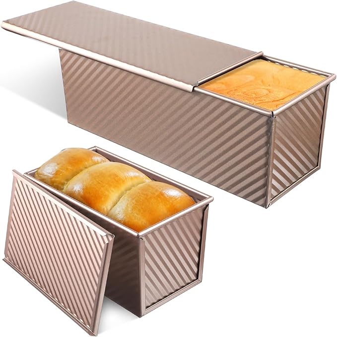 2Pcs Pullman Loaf Pan with Lid, 2 lb/1 lb Dough Capacity, Premium Sandwich Bread Loaf Pan with Lid, Carbon Steel Corrugated Bread Toast Box with Cover for Baking