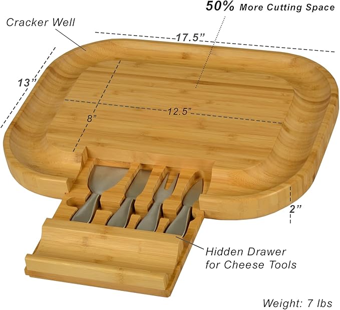 Picnic at Ascot -The "Original" Malvern Deluxe Bamboo Cheese Board with Cracker Groove & Integrated Drawer with Stainless Steel Cheese Knife Set - Designed & Quality Assured in the USA