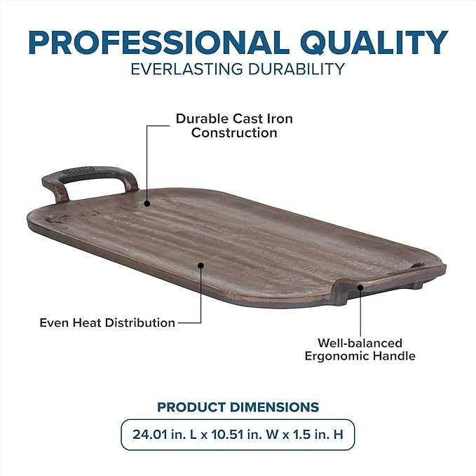 Viking Nonstick Double Burner Griddle, 24 Inch Bronze Cast Iron Grill Pan, Made without PFAS, Induction Compatible, Oven Safe to 500F
