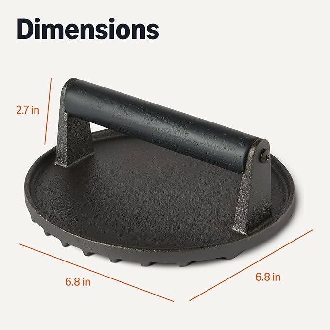 Amazon Basics Cast Iron Burger Press with Wooden Handle, Round, 6.8 x 2.7 inch, Black, 1-Pack
