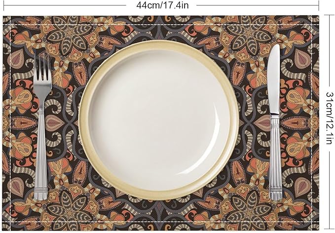 Mandala Placemats Set of 4 Vintage Bohemia Brown Flower Art Printed Dining Table Mats for Restaurant Home Kitchen Holiday Picnic Party Decor 12x18in