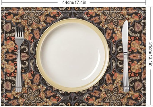 Mandala Placemats Set of 4 Vintage Bohemia Brown Flower Art Printed Dining Table Mats for Restaurant Home Kitchen Holiday Picnic Party Decor 12x18in