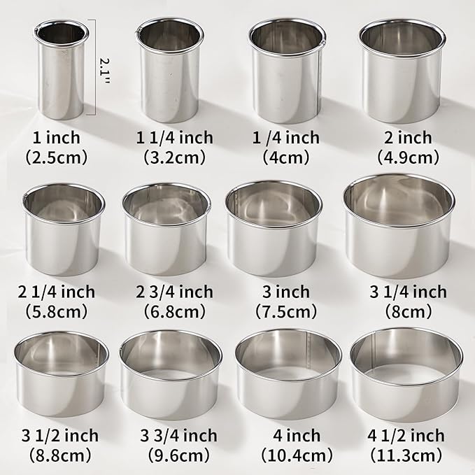 12 Pcs 304 Stainless Steel Biscuit Cutter Set, Round Cookie Cutters for Baking (1/2/3/4/5'') with PP Storage Box, Dough Pastry Cake Circle Cutting Ring Molds, Non-Rust Double Thickness & 2.1‘’ High