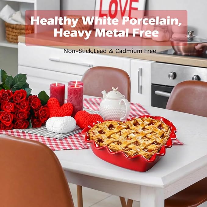 FoldTier 9in Valentine's Day Heart Shaped Deep Pie Dish 2.6in Ceramic Ruffle Heart Pie Pan Baking Dish for Valentine Wedding Anniversary Party Apple Quiche Pot Pies Tart for Microwave Oven(Red)