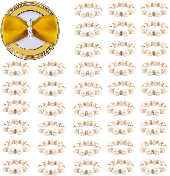 100Pcs Gold Disposable Napkin Rings Imitation Pearl Ring Napkin Holder Delicate White&Gold Beaded Serviette Buckles for Wedding Party Dinner Table Decor and Daily Use