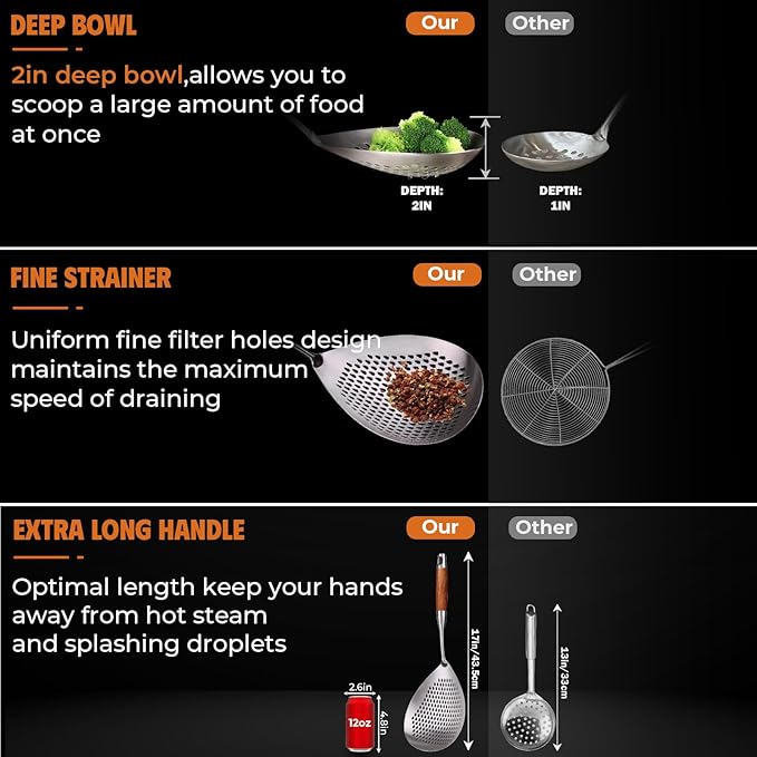 Skimmer Slotted Spoon -17in 304 Stainless Steel Pasta Spider Strainer Skimmer Ladle Spoon for Cooking and Frying - Kitchen Large Metal Scoop Colander Strainer Spoon with Heat Resistant Wooden Handle