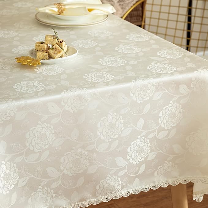 Textured Tablecloth Waterproof Spillproof Lace Trim Rectangle Jacquard Fabric Table Cloth, Kitchen Dinning Tabletop Decoration, Round Table Cover for Outdoor Use 60x102 Inch, Ivory White