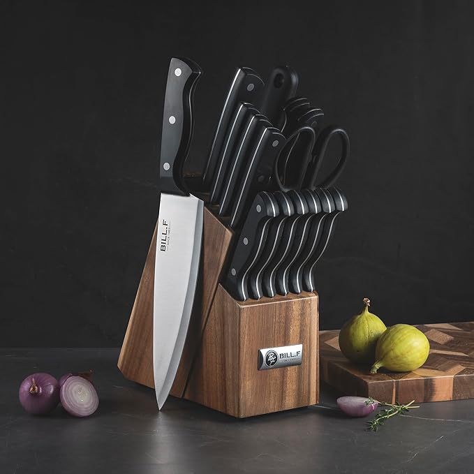 Wood Kitchen Set Knife Set for Kitchen with Block Stainless Steel Knives 16 Pcs and Cutting Board with Groove,Black Handles and Sharp Stainless Steel Professional Chef Knife Set