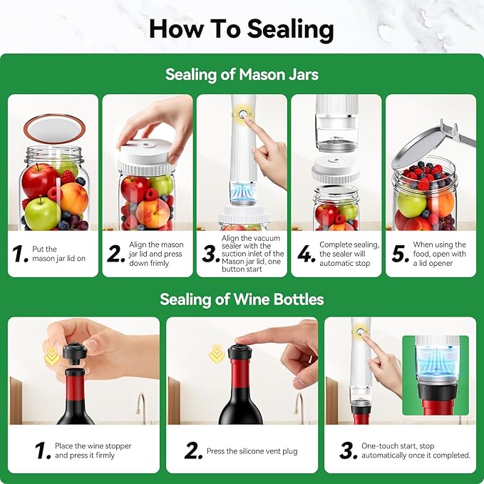 Vacuum Sealer for Food (Compact Vacuum Sealer Machine +30 Mason Jar Lids+ Wine Stopper), Handheld Mason Jar Vacuum Sealer for 10X Preservation & Fresh, 80Kpa Portable Vacuum Food Saver