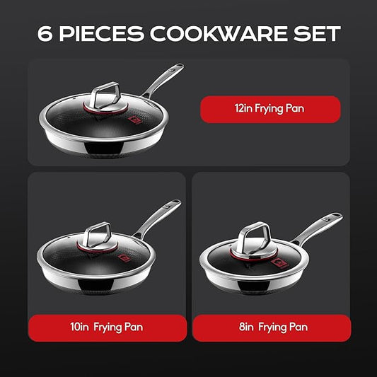 KOBACH 8+10+12 inch Nonstick Frying Pan Set-3 Piece Hybrid Pans Set Nonstick Stainless Steel Skillet Set, Dishwasher & Oven Safe, Compatible with Induction & Gas Stoves, PFOA Free Cookware set