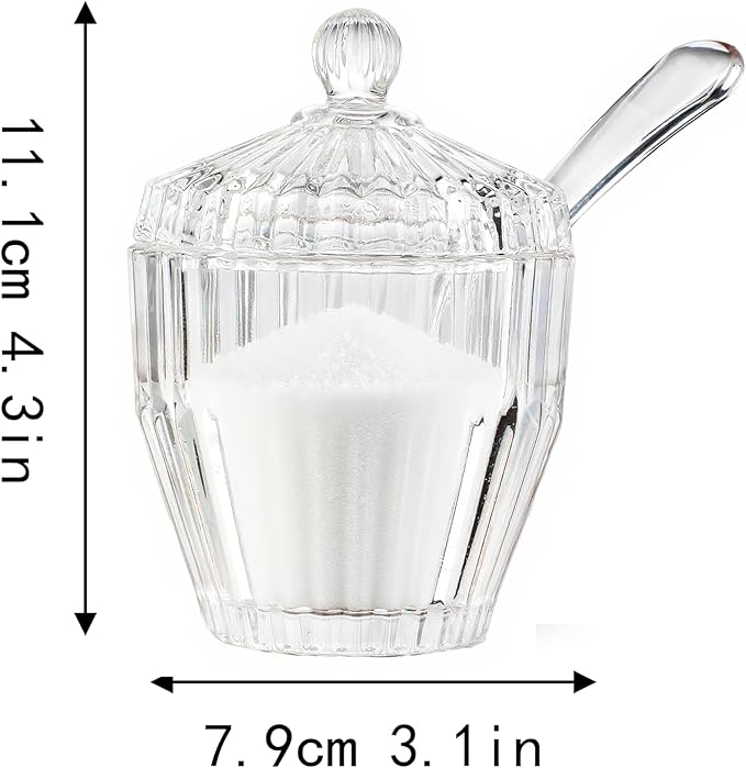 kanpura 1 Pack Clear Glass Sugar Bowl with Lid and Spoon Serving Spoon Salt Pot Sugar Holder Seasoning Pot Dispenser Container for Home Kitchen, Dishwasher Safe(5 OZ)