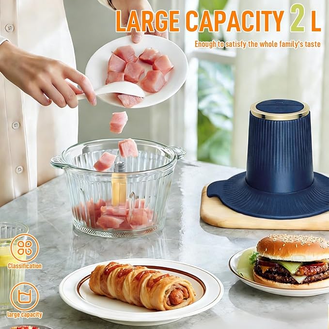 Food Processor, 2 Speed Meat Grinder Electric Food Chopper with 2 Bi-Level Blades Mini Kitchen Cutter for Vegetable, Onion, Garlic, Meat, Nuts, and Baby Food (Blue-2L)