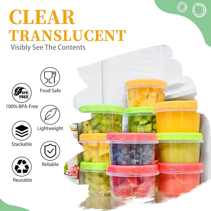 TOFLEN Reusable Small Freezer Containers 8 Oz Plastic Food Storage Containers with Screw On Lids, Leakproof & Airtight, Freezer Safe, Dishwasher Safe, Set of 6 Multicolor