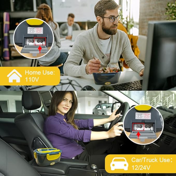 [ 2025 Upgrade]Electric Lunch Box 1.5L Food Heater, Portable 60W Food Warmer for Car and Home, with Detachable 304 Stainless Steel Container Fork and Spoon