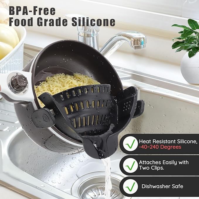 Pasta & Pot Strainer, Adjustable Silicone Food Strainer Hands-Free Pan Strainer Fits all Pots and Bowls, Clip on Strainer for Noodle Meat Vegetables Fruit Kitchen Gadgets Cooking Colander (Black)