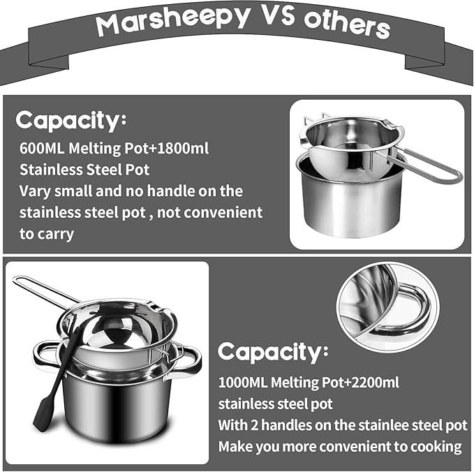1000ML/1QT Double Boiler Chocolate Melting with 2QT 304 Stainless Steel Pot, Chocolate Melting Pot with Silicone Spatula