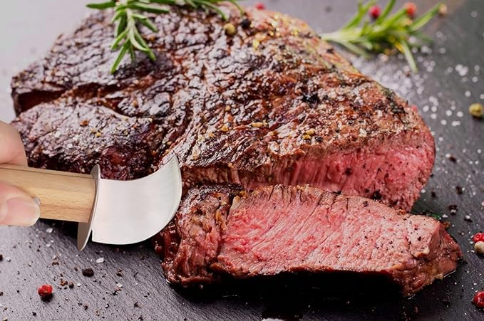 2Pack Adaptive Rocking Knife One-Handed Steak Cutter with Curved Blade, Anti-Slip Wooden Handle Rocker Knife for Meat & Veggies